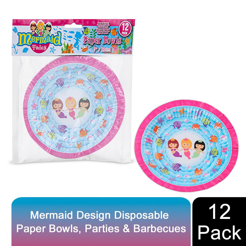Mermaid Design 7Inch 12 Disposable Paper Bowls For Picnics, Parties and