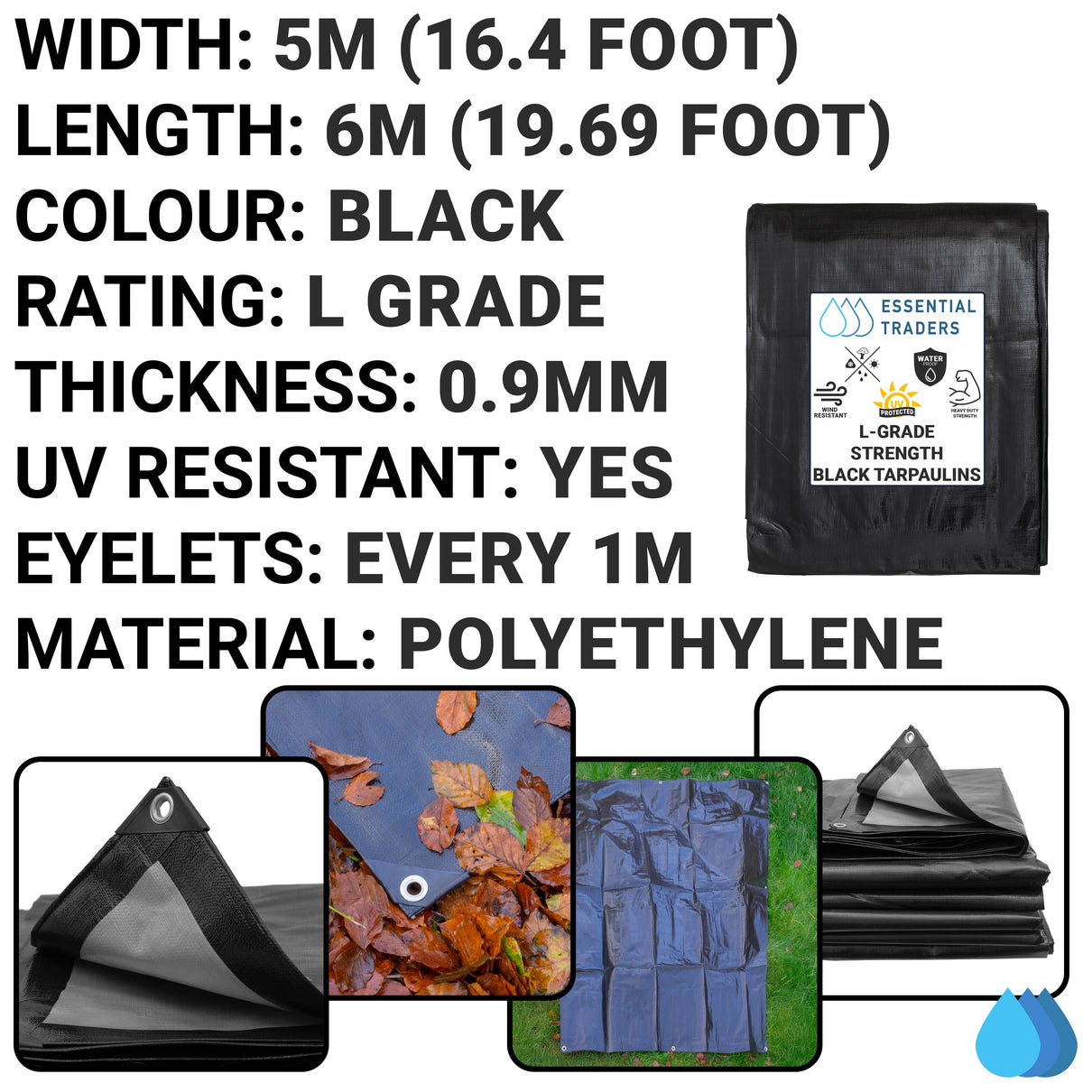 5m x 6m Black & Silver Tarpaulins, L-Grade 220 GSM