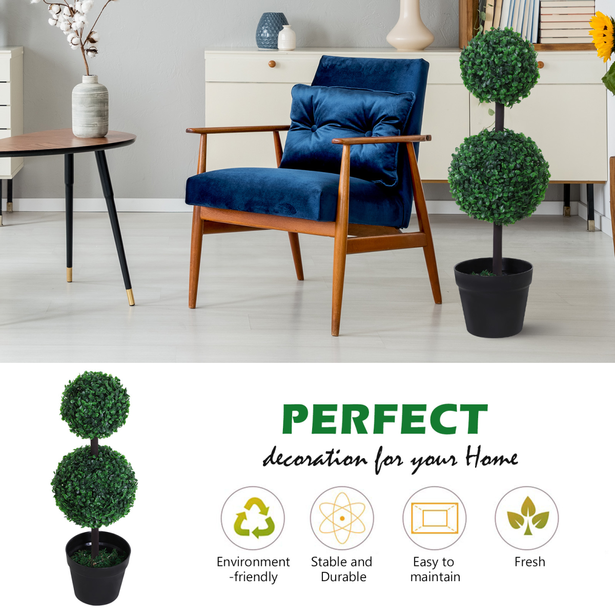 PE Set of 2 Artificial Boxwood Ball Topiary Plant Tree's Green image 4