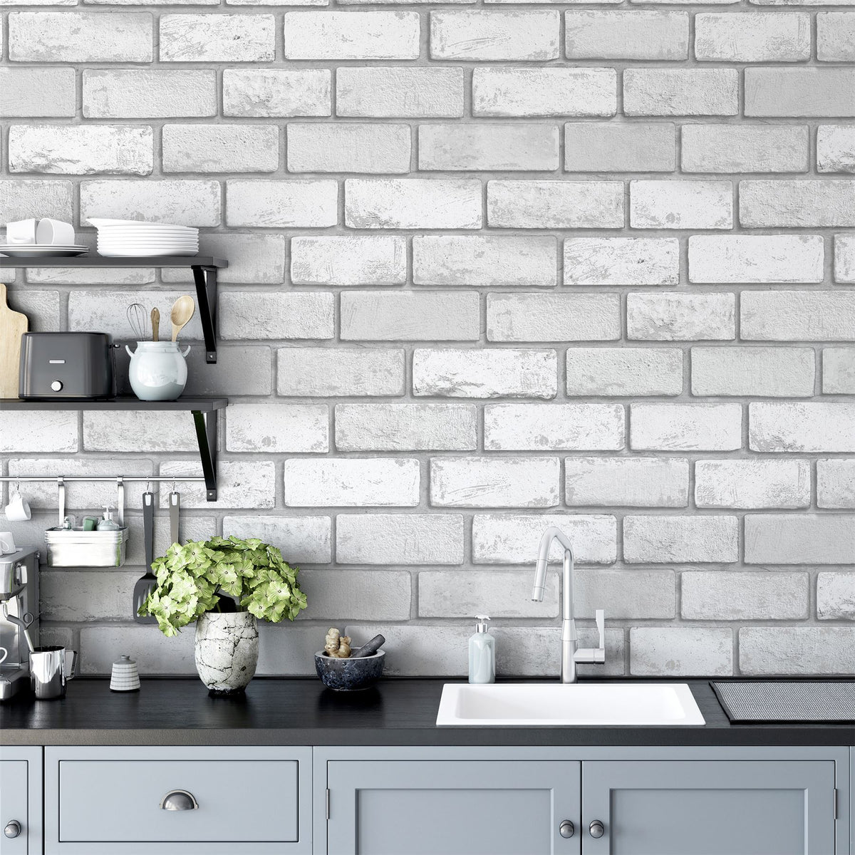 Metallic Brick White/Silver Wallpaper image 6