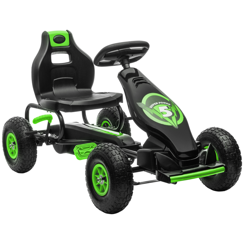 Children Pedal Go Kart with Adjustable Seat, Rubber Wheels, Brake - Green