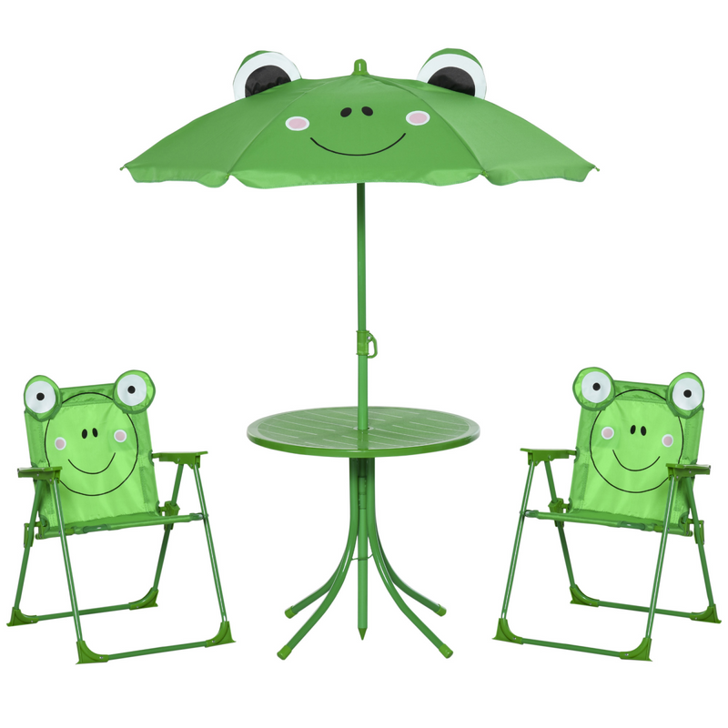 Foldable Patio Kids Metal Picnic Table with Frog Umbrella Green 4-piece