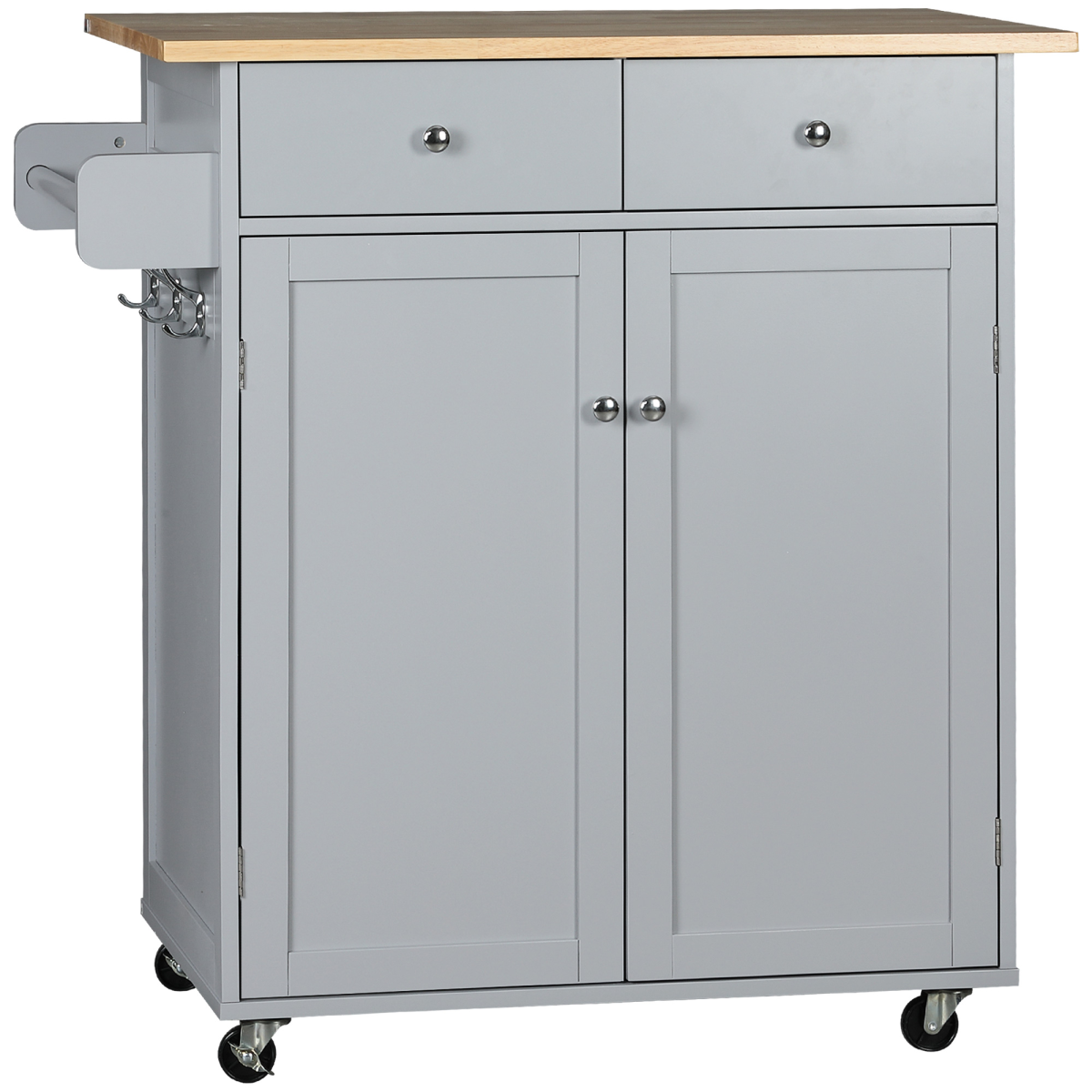 Rolling Kitchen Cart with Rubber Wood Top, Towel Rack, Hooks and Drawers