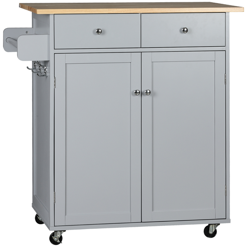 Rolling Kitchen Cart with Rubber Wood Top, Towel Rack, Hooks and Drawers