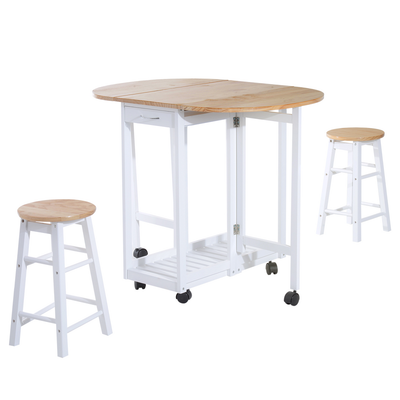3pc Wooden Kitchen Cart Mobile Rolling Trolley Folding Stools Wheels